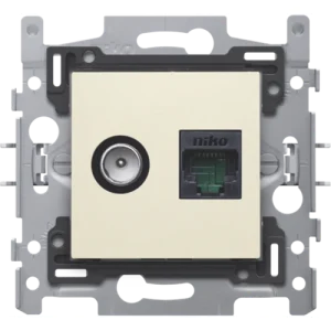 Combinaison d'une connexion coaxiale et RJ45 UTP Cat5E, exécution plate, support d'encastrement dimensions intérieures 45 x 45 mm et dimensions extérieures 60 x 71 mm, socle et set de finition Agréation Telenet Interkabel, Niko (100-65158)