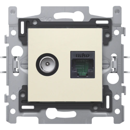 Combinaison d'une connexion coaxiale et RJ45 UTP Cat5E, exécution plate, support d'encastrement dimensions intérieures 45 x 45 mm et dimensions extérieures 60 x 71 mm, socle et set de finition Agréation Telenet Interkabel, Niko (100-65158) – Image 2
