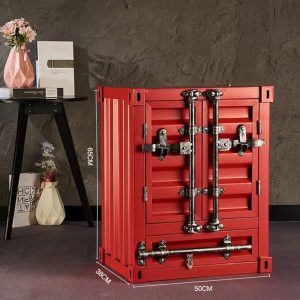 Table de Chevet Style Industriel Container Rouge - Meuble de Rangement avec Verrous Chromés