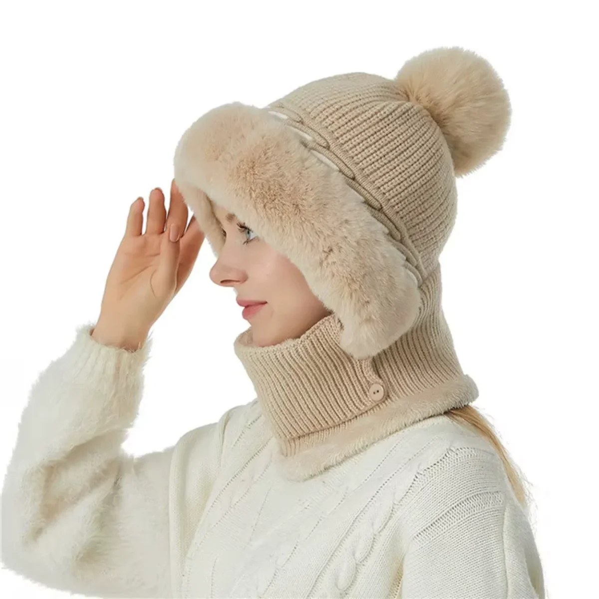 Bonnet Chapeau Écharpe 2-en-1 Doublé Polaire – Image 7