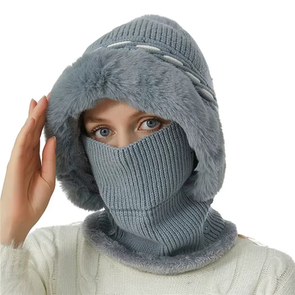 Bonnet Chapeau Écharpe 2-en-1 Doublé Polaire – Image 5