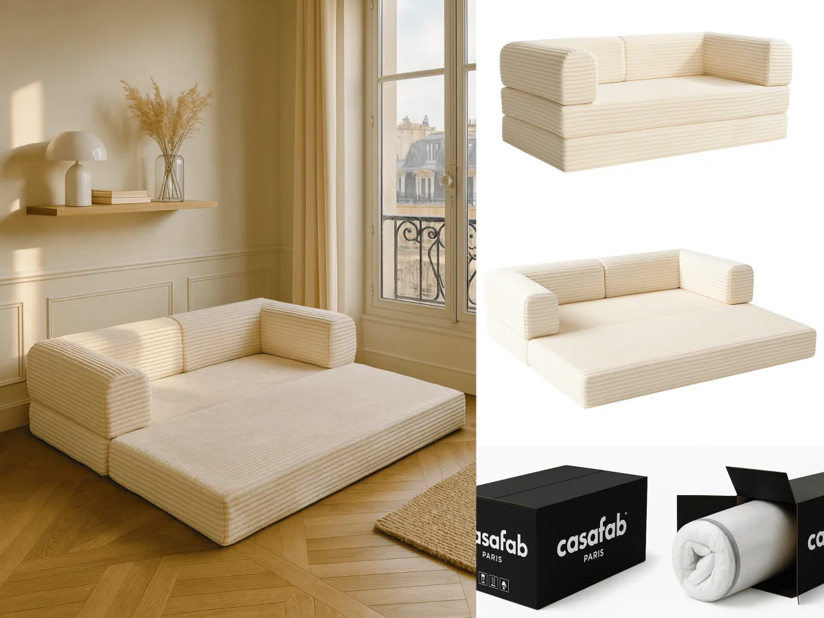 Canapé 3 places convertible Victor Hugo 200 cm en velours côtelé épais beige – Image 3