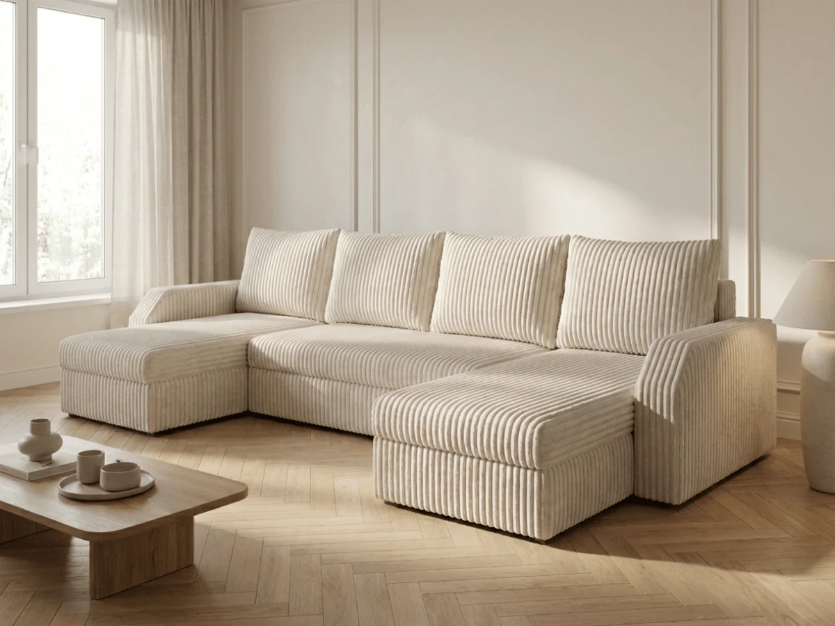 Canapé panoramique en U convertible VILLIERS 312 cm – Velours côtelé épais – Coffre de rangement – Image 5