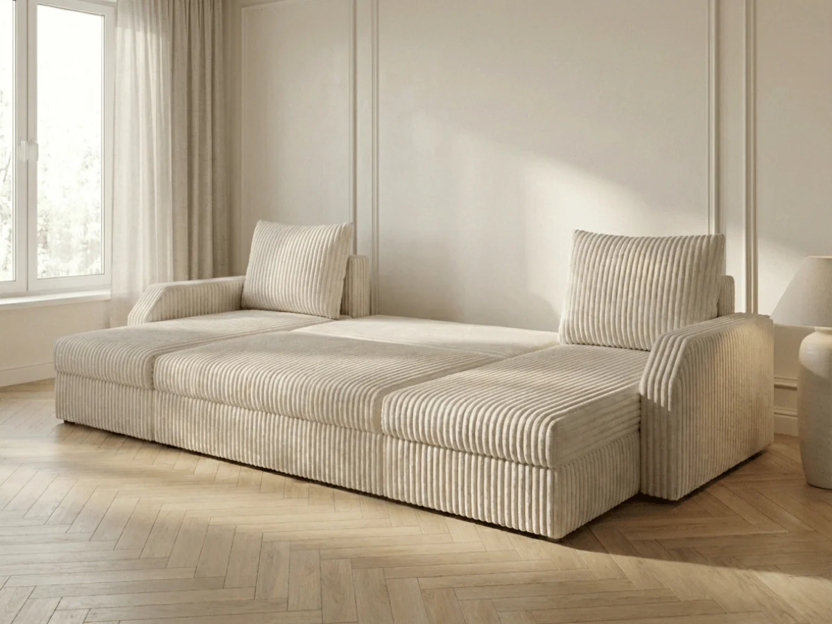 Canapé panoramique en U convertible VILLIERS 312 cm – Velours côtelé épais – Coffre de rangement – Image 6