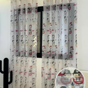 Voilage Transparent Motifs Pirates Enfant - Prêt à poser avec Anneaux Acier argenté