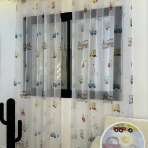 Voilage Transparent Motifs Véhicules Colorés - Prêt à poser avec anneaux en acier argenté