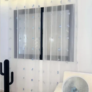 Voilage Transparent Motifs Oursons Bleus - Prêt à poser avec Anneaux Acier argenté