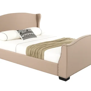 Lit capitonné Christelle en tissu gris avec tête de lit cloutée – Sommier à lattes inclus