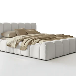 Lit coffre Adèle en tissu bouclette – Design capitonné, coffre de rangement