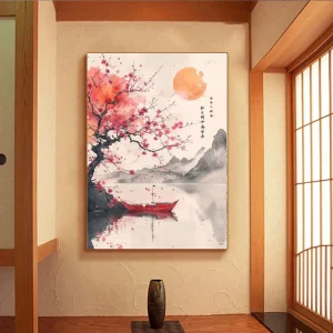 Tableau Japonais Zen Cerisier en Fleur et Lac