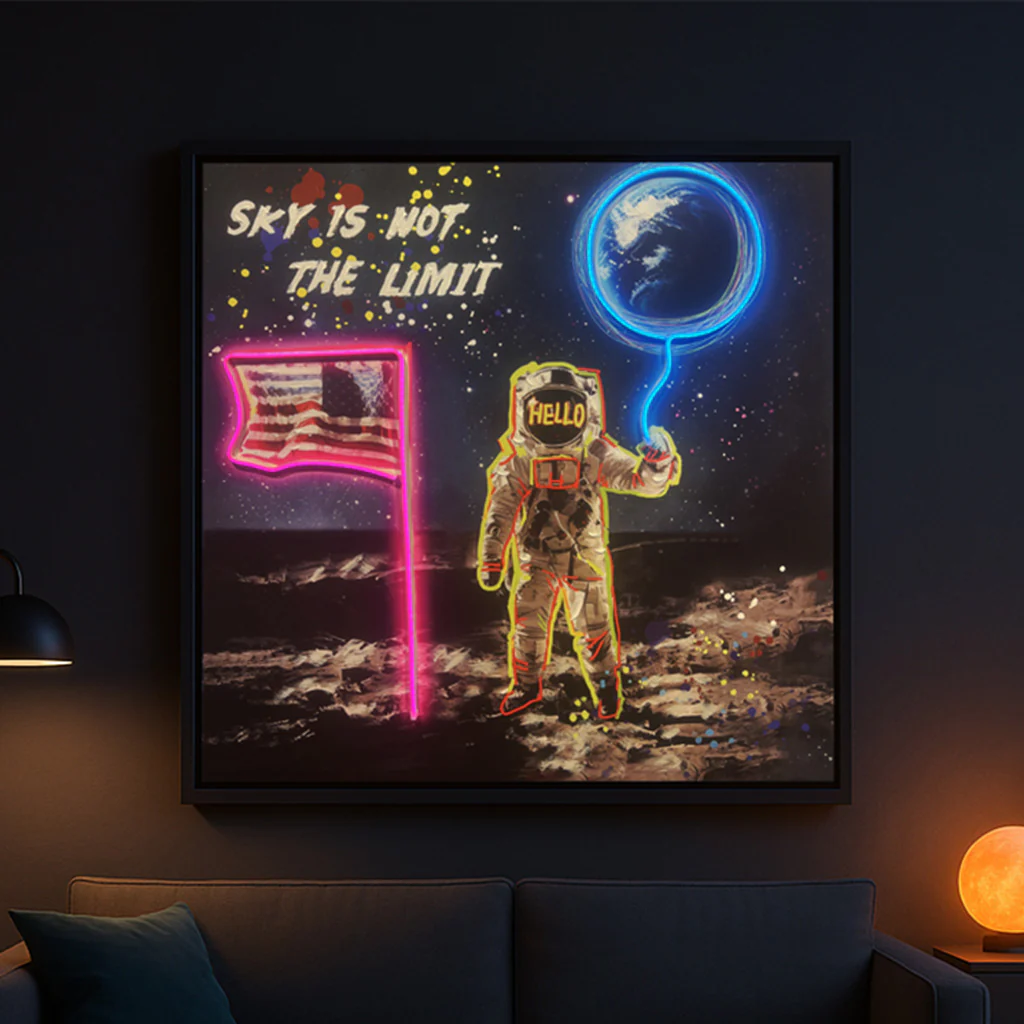 Tableau Astronaute et Ballon Terre - Art Mural LED - Décoration Contemporaine