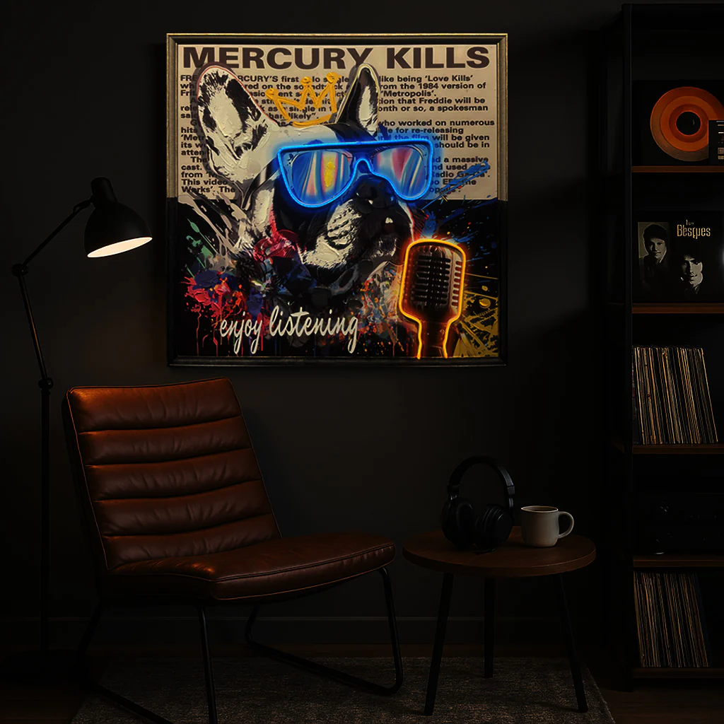 Tableau Bulldog Chanteur - Œuvre d'Art LED - Style Graffiti Musical – Image 3