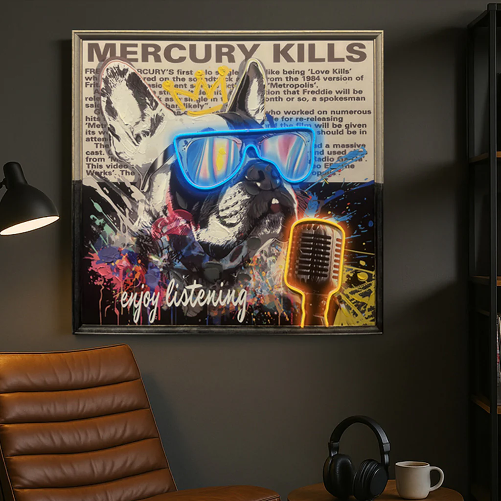 Tableau Bulldog Chanteur - Œuvre d'Art LED - Style Graffiti Musical – Image 2