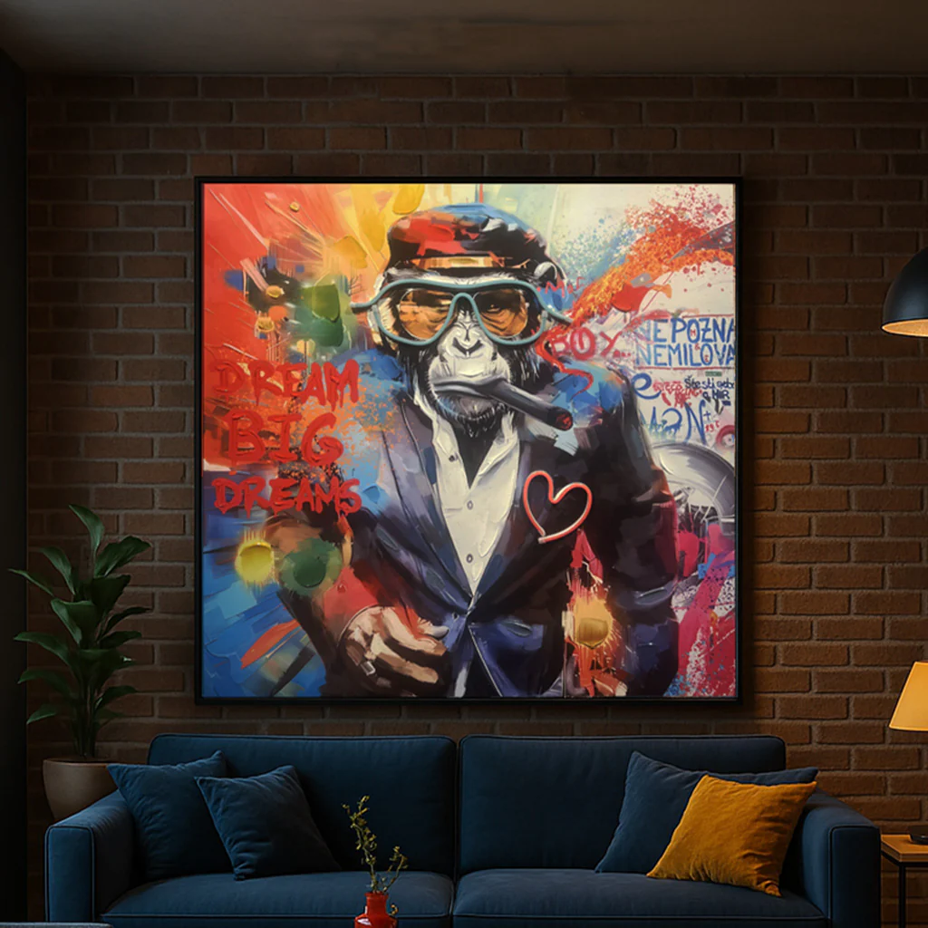 Tableau DREAM BIG Gorille - Décoration Murale LED - Style Graffiti