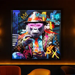 Tableau Funky Gorille -  Art Mural LED- Figure élégante et style graffiti vibrant