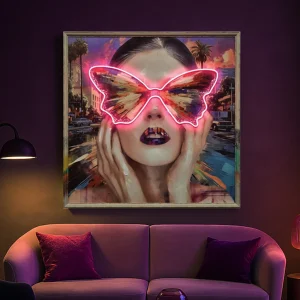 Tableau Portrait Papillon - Art Mural LED - Ambiance Urbaine et Vibrante
