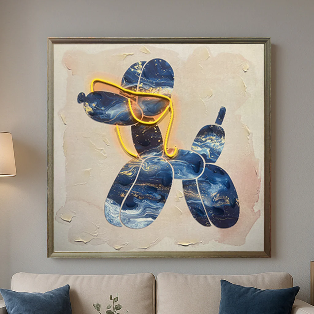 Tableau Chien Ballon Marbré Bleu - Art Mural LED - Décoration Moderne