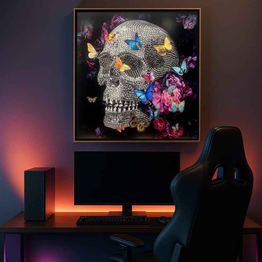 Tableau Crâne Diamanté avec Papillons Colorés - Art Gothique Moderne Encadré Or – Image 4