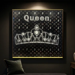 Tableau Luxe 'Queen' avec Couronne Diamantée - Toile Monogramme Noir et Or
