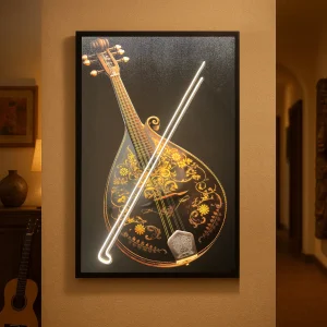 Tableau Mandoline Dorée - Œuvre d'Art Originale avec LED - Instrument de Musique Contemporain