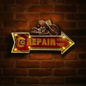 Plaque Métallique Vintage Garage Moto - Enseigne Lumineuse Rétro "REPAIR SHOP" 24h - Décoration Murale Années 50