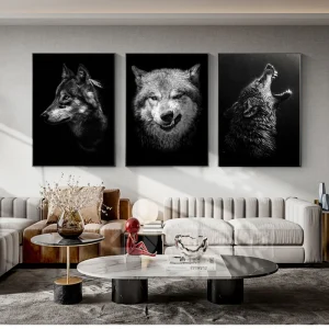 Tableau loup noir et blanc