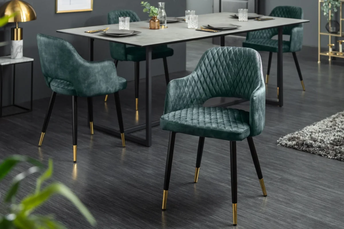 Lot de 2x chaises élégante PARIS en velours pétrole, surpiqûres décoratives, embouts dorés, design rétro, avec accoudoirs – Image 2