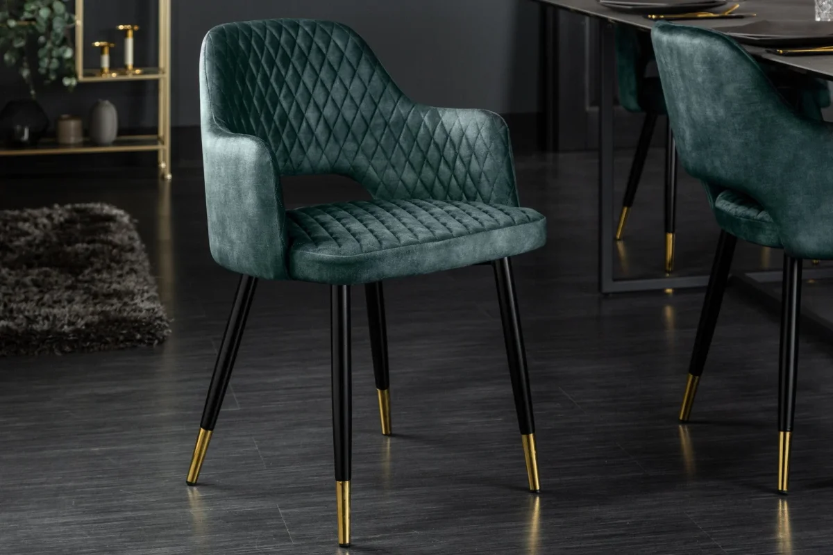 Lot de 2x chaises élégante PARIS en velours pétrole, surpiqûres décoratives, embouts dorés, design rétro, avec accoudoirs – Image 3