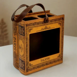Panier Porte-Bouteilles Vintage "Tolstoï Paris" - 2 Bouteilles Style Livre Ancien avec Poignées Cuir