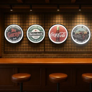 Plaques Métalliques LED Néon Rondes Bombés Vintage - Art Mural Lumineux Décoration Américaine