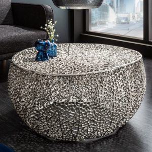 Table basse design filigrane ABSTRACT LEAF 80cm argent fait main