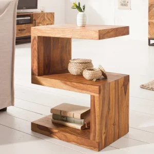 Table d'appoint artisanale S 60cm en bois massif de Sheesham marron finition pierre étagère