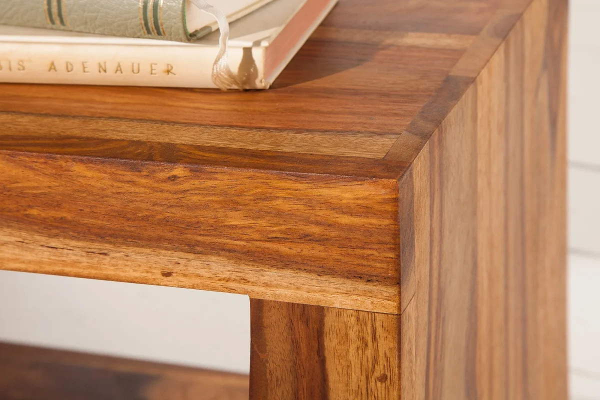 Table d'appoint artisanale S 60cm en bois massif de Sheesham marron finition pierre étagère – Image 7