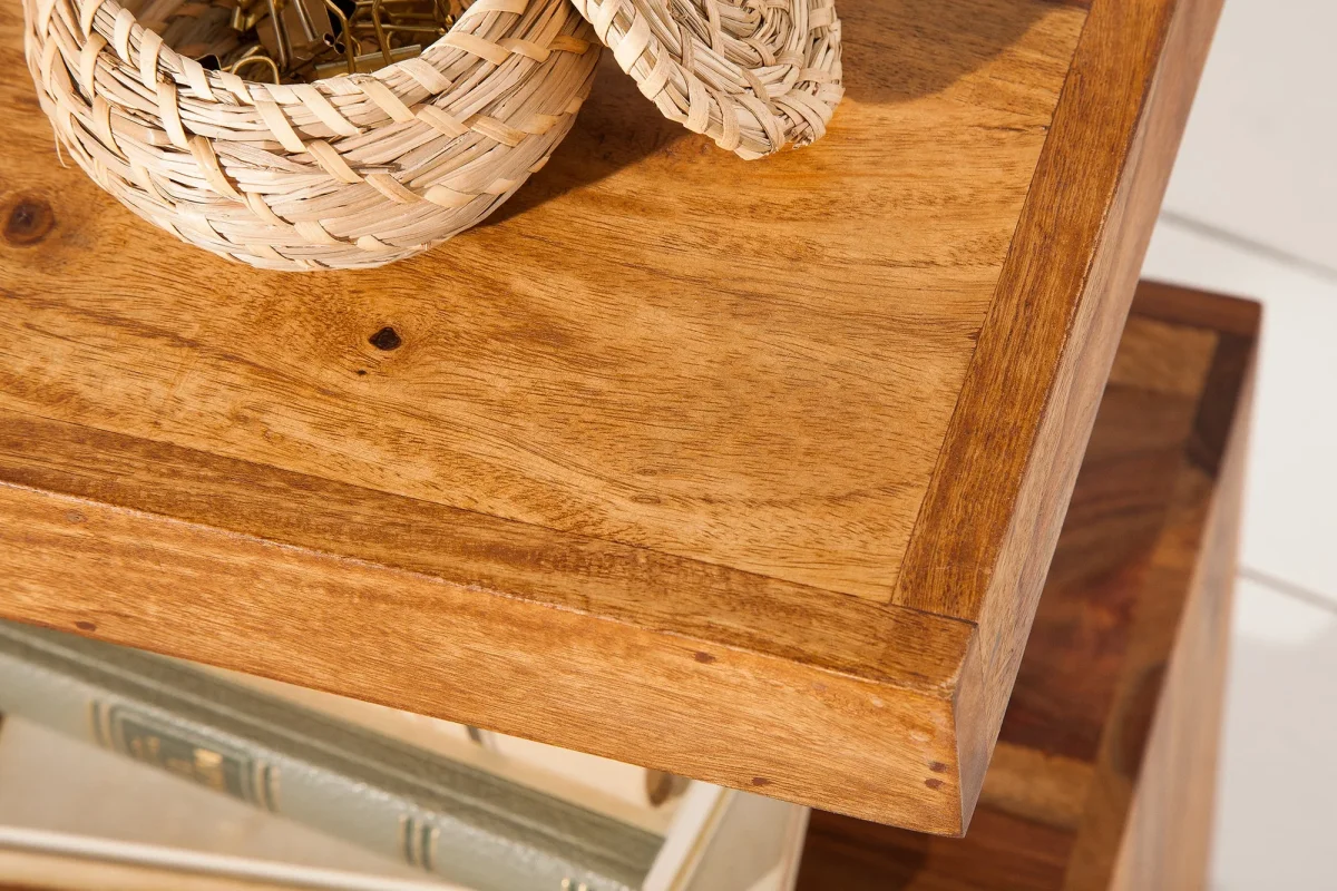 Table d'appoint artisanale S 60cm en bois massif de Sheesham marron finition pierre étagère – Image 8