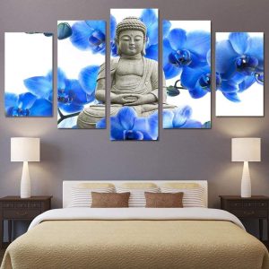 Tableau Bouddha, fleurs bleues