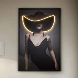 Tableau Femme au Chapeau - Œuvre d'Art Originale LED - Portrait Élégant Contemporain